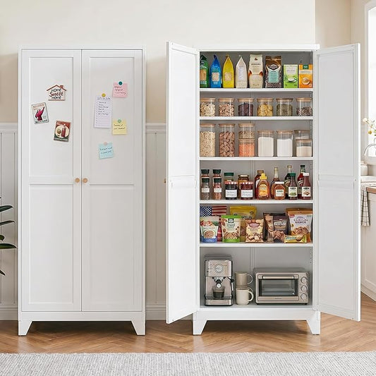 75" Metal Kitchen Pantry Cabinet with Dual Handles & Adjustable Legs, Freestanding Storage Cabinet with Doors and 5 Adjustable Shelves, Tall Food Pantry for Kitchen Dining Room, White
