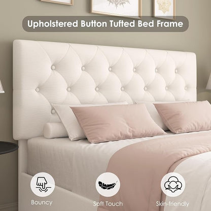 Keyluv Queen Size Upholstered Platform Bed Frame with 4 Storage Drawers, Modern Beige Fabric Bed with Adjustable Button Tufted Headboard, Solid Wooden Slat Support, Easy Assembly