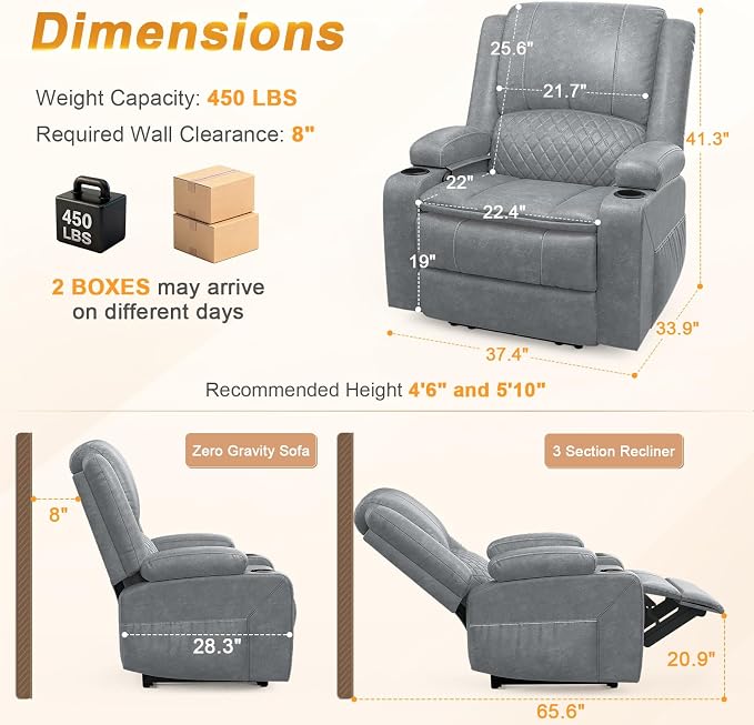 Oversized Manual Recliner Chair, 3 Angle Recliner Home Theater Seating, RV Recliner Single Sofa with Hidden Arm Storage, Cup Holder & Side Pocket (Single, Grey)