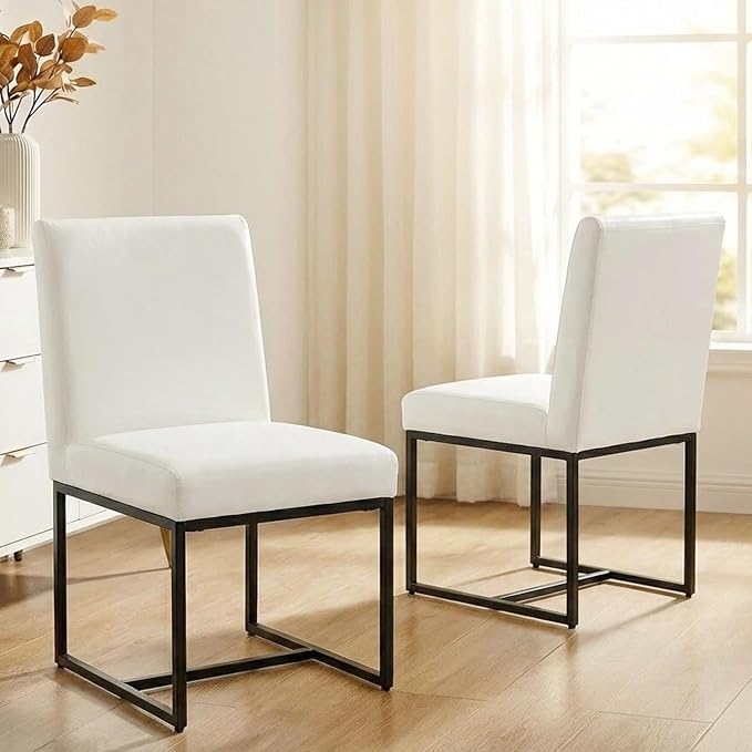 VESCASA Faux Leather Upholstered Dining Chairs with Black Metal Frame, Mid Century Modern Padded Kitchen Chair with Adjustable Foot Pads for Restaurant, Dining Room, Set of 2, White
