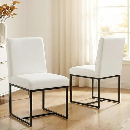 VESCASA Faux Leather Upholstered Dining Chairs with Black Metal Frame, Mid Century Modern Padded Kitchen Chair with Adjustable Foot Pads for Restaurant, Dining Room, Set of 2, White