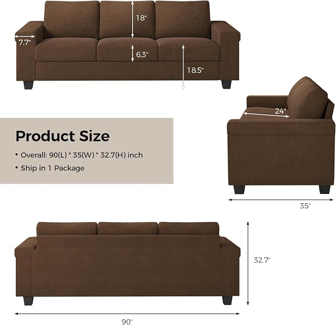 COPIAE 3 Seater Sofa Couch with Deep Seat, 90" Modern Upholstered Sofa with Armrests, Easy Installation, Comfy Couches for Living Room, Apartment,Dark Gray