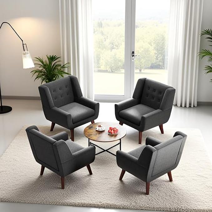 HUIMO Accent Chairs Set of 4, Upholstered Button Tufted Armchair, Linen Fabric Sofa Chairs for Bedroom, Living Room, Mid Century Modern Comfy Reading Chair (4 PCS, Grey)