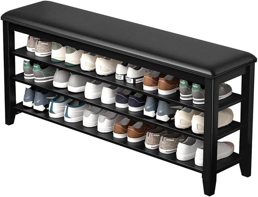 Shoe Rack Bench Entryway Storage with Leather Cushion, Shoe Organizer Bench for Entryway, Ideal for Front Doors Entrances Hallway Mudroom Featuring Rubberwood And 3 Height-Adjustable Removable Shelve