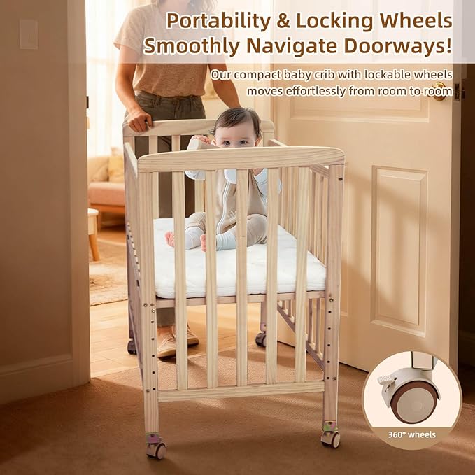 Flwrgirl Convertible Mini Baby Crib - Portable Bedside Bassinet with Mattress Included,3 Heights Baby Crib with Wheels for Small Room and Newborns 0-12 Months,Unpainted