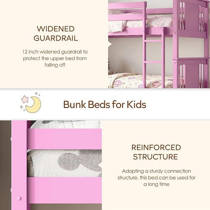 Bunk Bed Twin Over Twin, Convertible Wood Bunk Beds with 2 Storage Drawers, Solid Wood Slats, Widened Guardrail, Sturdy Ladders, No Box Spring Needed, Pink