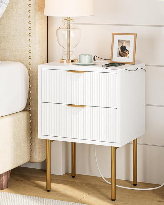 Masupu Nightstand with Charging Station,Mid-Century Modern Bedside Table with 2 Storage Drawer,Small Gold Frame Side End Table for Bedroom,Living Room (White)