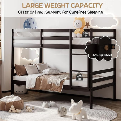 NAFORT Bunk Bed Twin Over Twin, Solid Wood Bunk Bed with Ladder and Safety Rails, Wooden Bed Framefor Kids Teens or Guests, Space-Saving Furniture for Bedroom Dorm, Espresso