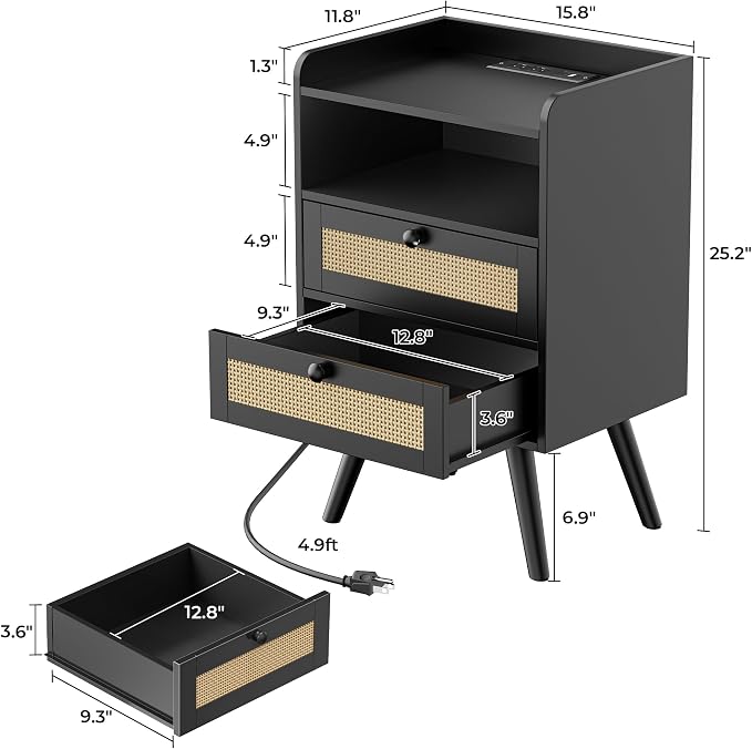 SUPERJARE 2 Drawer Night Stand with Charger Station, Boho Rattan Nightstand Set of 2, 25.2 Inch Tall Bed Side Table with Solid Wood Feet, End Table, Open Storage, Synthetic Rattan, for Bedroom, Black