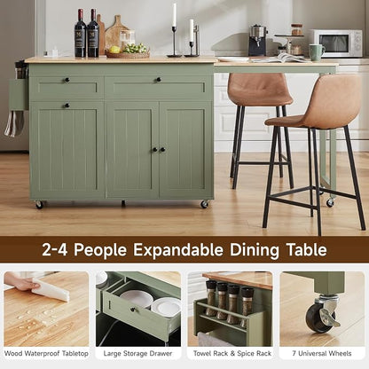 ONBRILL Kitchen Islands with Extendable Dining Table, 81.7" Mobile Kitchen Storage Islands, Rolling Kitchen Cart with Trash Cabinet, Power Outlet, Spice Rack & Towel Rack, Green