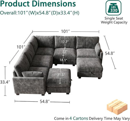 Modular Sectional V Shaped Sofa Couches for Living Room, Cloud Couch with Storage Ottoman, Comfy Chenille Sofa with Pillow, Dark Gray