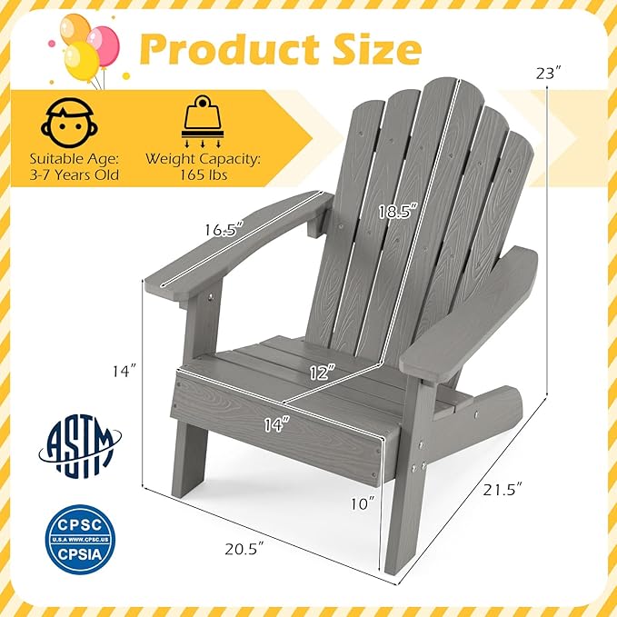 Costzon Kids Adirondack Chair, All-Weather HIPS Toddler Outdoor Chair, Wooden Textured Plastic Fire Pit Chair, Kids Patio Chair for Backyard Lawn Garden, Fits Children Age 3-7 Years (2, Gray)