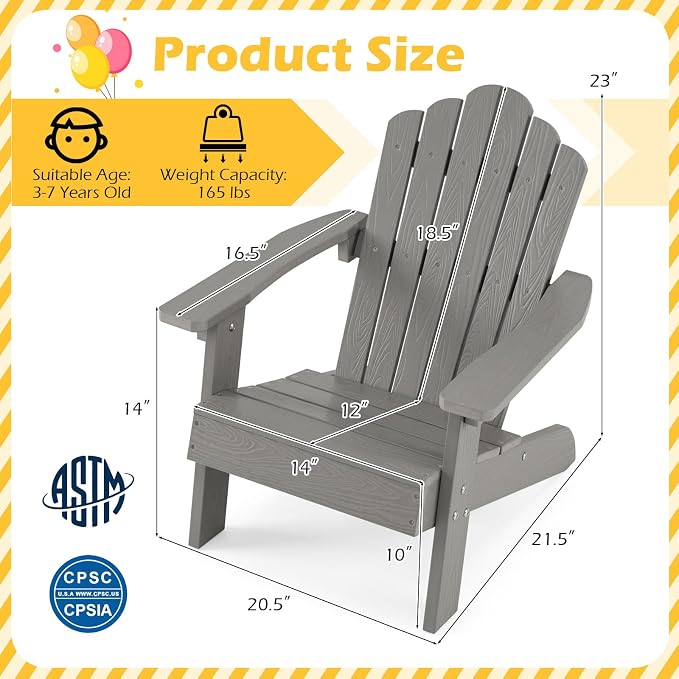 Costzon Kids Adirondack Chair, All-Weather HIPS Toddler Outdoor Chair, Wooden Textured Plastic Fire Pit Chair, Kids Patio Chair for Backyard Lawn Garden, Fits Children Age 3-7 Years (4, Gray)