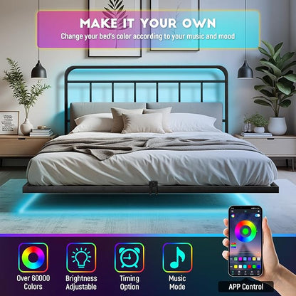 Floating Queen Size Platform Bed Frame with LED Lights & Charging Station - Includes Powered Screwdriver for Assembly, Mattress Fasteners & Corner Pads, Hardened Steel