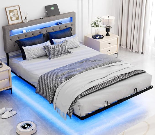 VINGLI Queen Floating Bed Frame with Headboard Heavy Duty Metal Frame, Storage Shelf, LED Lights Charging Station, Modern Platform Bed, Adjustable Headboard, No Box Spring Needed, Grey