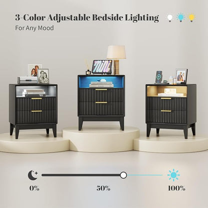 LVSOMT 20'W Fluted Nightstand Set of 2, Night Stand with Charging Station and LED Lights, RFID Lock Hidden Drawer, Mid Century Modern Bedside Table for Bedroom, 2 Drawers and Open Storage Cubby, Black