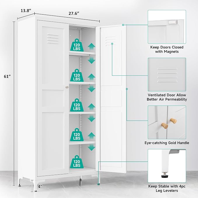 SISESOL Metal Storage Cabinet with Doors and Shelves,White Storage Cabinet with Leg & Vent Hole,Food Pantry Cabinets,5 Tier Metal Pantry,Tall Large Cupboard for Home,Kitchen,Dining/Living/Laundry Room