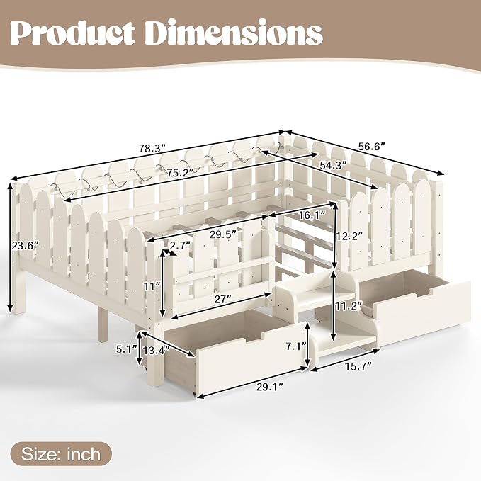 Bellemave Full Size Montessori Bed with Stairs, Lights, Rails and Slats, Full Size Montessori Floor Bed with Bookshelf and 2 Storage Drawers, Easy Assemble Beds Frame for Girls, Boys, Beige