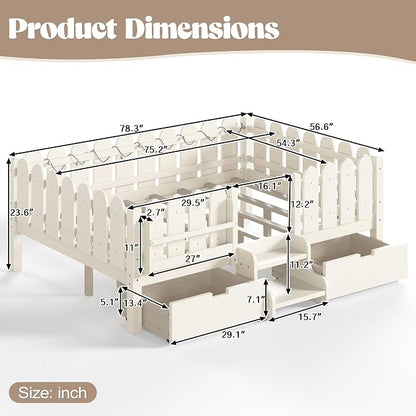 Bellemave Full Size Montessori Bed with Stairs, Lights, Rails and Slats, Full Size Montessori Floor Bed with Bookshelf and 2 Storage Drawers, Easy Assemble Beds Frame for Girls, Boys, Beige