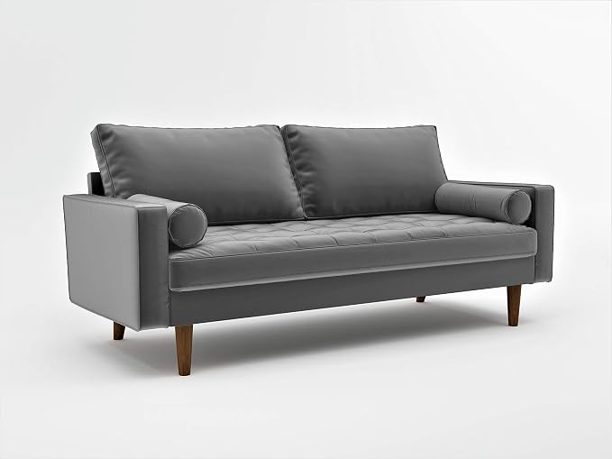 Container Furniture Direct Womble Mid Century Modern Soft Velvet Upholstered Tufted Seat with Bolster Pillows, Loveseat, Sofa, Silverish Grey