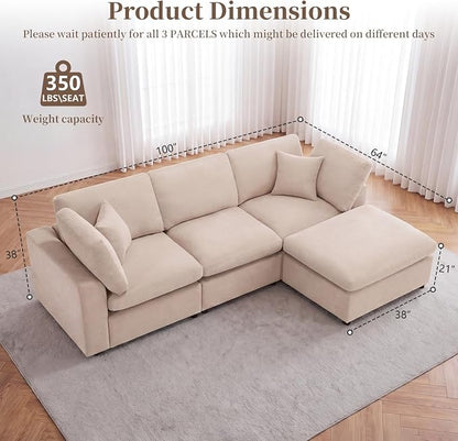 Modular Cloud Sectional Couches for Living Room, Oversized Modular Sectional Sofa with Ottoman, L Shaped 3 Seater Couch with Pillow, Light Camel