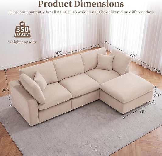 Modular Cloud Sectional Couches for Living Room, Oversized Modular Sectional Sofa with Ottoman, L Shaped 3 Seater Couch with Pillow, Light Camel
