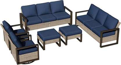 Outdoor Patio Swivel Rocker Chairs, 6 Pieces Wicker Furniture Set, 2 Swivel Rocking Chairs, 2 Sofa and 2 Ottoman, Metal Wide Armrest, Thick Cushions and Deep Seating for Garden, Backyard, Porch, Deck