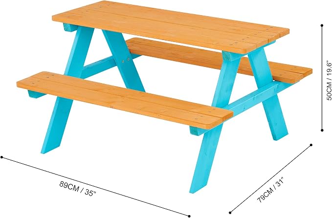 Teamson Kids - Wooden Outdoor Child Children Kids Picnic Table & Chair Bench Set - Brown/Aqua | Weather-Resistant Pine Wood, Seats 4 Children, Ideal for Backyard, Patio, Garden