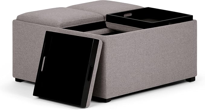 SIMPLIHOME Avalon Wide Contemporary Square Coffee Table Storage Ottoman, Cloud Grey, Table Ottoman