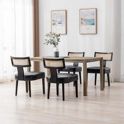 RIVOVA Rattan Dining Chairs Set of 2, Modern PU Leather Upholstered Kitchen Chairs, Wooden Dining Room Chair Farmhouse Dinner Chair with Black Wood Frame, Black