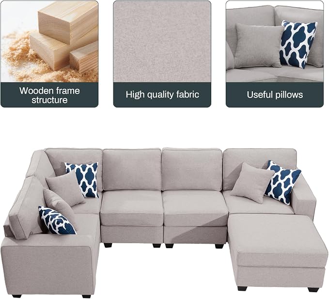 Legend Vansen Oversized Modular Sectional Sofa,U/L‑Shaped Reversible Couch with Ottoman,Deep Seat Plush Polyester Sofa for Living Room,6‑Seater,Light Grey