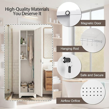 Slim Broom Closet Storage Cabinet, 65" H Metal Cabinets with Lock and Shelves & S-Hooks, Utility Closet, Narrow Storage Cabinets for Home Office, Pantry, Bathroom, Garage, White