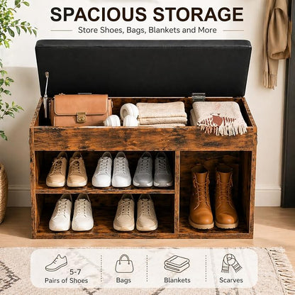 HOOBRO Shoe Storage Bench with Cushion, 32.3'' Entryway Bench with Lift Top Hidden Storage and Adjustable Shelves, Wooden Shoe Rack Bench for Entryway Bedroom, Rustic Brown and Black BF40HX01