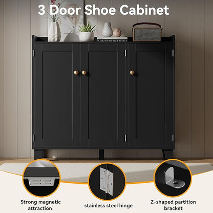 Shoe Storage Cabinet with 3 Doors and Adjustable Shelves，40 Inch Tall Farmhouse Flat-Shelf Wooden Shoe Cabinet，Shoe Rack Shoe Organizer Cabinet for Hallway Entryway Living Room （Black）