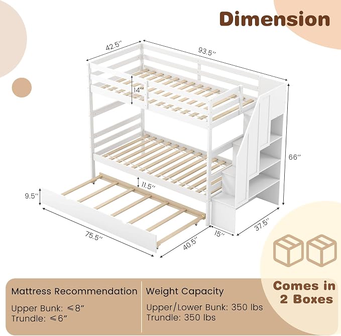 Giantex Bunk Bed Twin Over Twin with Trundle & Storage Stairs, Solid Wood Bunk Bed, Convertible to 2 Beds, Versatile Bunk Beds for Kids Teens Adults,White