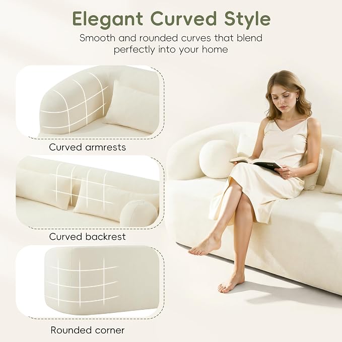 86" Curved Cloud Couch, Curved Sofa,Boneless Couch, Upholstered Sofa with Pillows, No Assembly with High-Density Foam, 3-Seater Luxury Modern Compressed Sofa, Beige