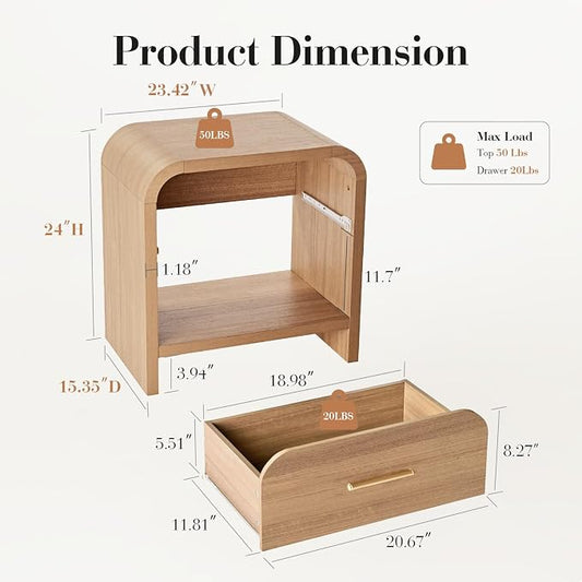 Night Stand [Unique Curved Profile] [FSC-Certified Wooden Board] 1-Drawer and 1 Storage Shelf Nightstand 24" H Metal Handle Modern Bedside Table Side Table End Table