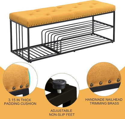 End of Bed Bench-Upholstered Entry Shoe Storage with Nailhead Trim,Black Mental Frame Ottoman Bench for Bedroom Entry Window Mudroom Living Room,Yellow