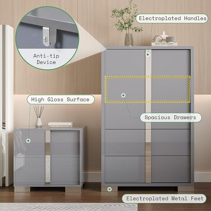 AMERLIFE 4 Piece Bedroom Dresser Set, Modern High Gloss UV Finish, 2 Nightstands, Chest of 5 Drawers & 6-Drawer Dresser, Electroplated Metal Handles, Bedroom Furniture Set, Grey
