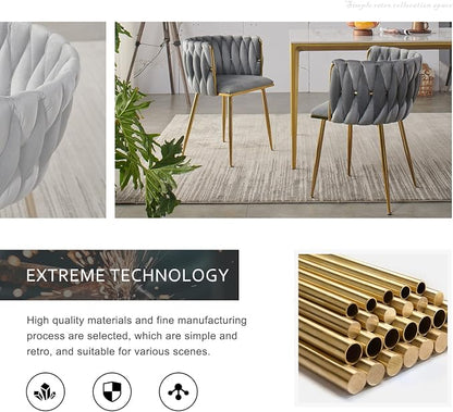Velvet Dining Chairs Set of 4, Modern Upholstered Dining Room Chairs with Golden Metal Legs and Woven Backrest for Dining Room, Kitchen, Vanity, Living Room (Grey)