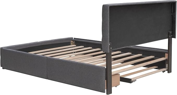 Ball & Cast Queen Bed Frame with 2 Drawers and 1 Twin XL Trundle, Linen Upholstered Platform Bed Frame Queen Size with Button Tufted Headboard & Wood Slats Support,No Box Spring Needed,Dark Gray