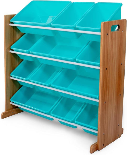 Humble Crew Toy Storage Organizer with 12 Removable Storage Bins for Kids Playroom, 4-Tier Toddler Toy Organization, Natural Wood/Aqua