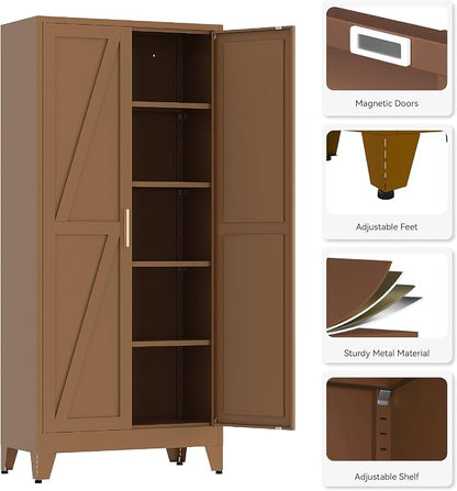 71”H Metal Kitchen Pantry Cabinet, Pantry Cabinets with 2 Doors and 4 Shelves, Kitchen Cabinet for Kitchen, Dining Room, Living Room and Bathroom, Brown