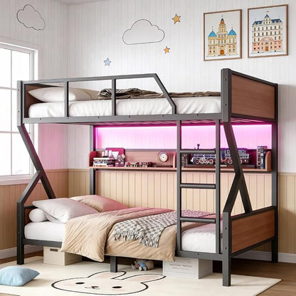 Bellemave Bunk Bed Full Over Full with LED, Heavy Duty Metal Bunk BedFrame with Storage Shelves and Lights, Woodgrain+Black