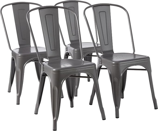 Amazon Basics Metal Dining Chairs, Easy to Assemble, Indoor/Outdoor, Stackable, 330-Pound Capacity, Dark Gray, 4-Pack, 20.1 x 17.1 x 33.5 inches