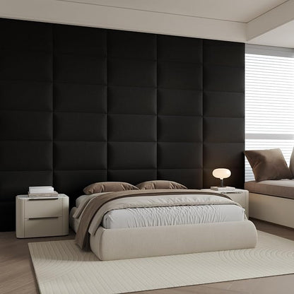 Compact Black Linen Wall-Mounted Headboard 24x12 Inch 6-Panel Kit - Space-Saving Design for Queen Beds, Non-Damaging Installation