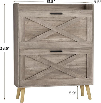 Homleke Farmhouse Shoe Storage Cabinet with Flip Drawers & Barn Door Design | Slim Narrow Shoe Rack Cabinet with Adjustable Shelves & Hidden Storage for Entryway, Foyer, Hallway, Living Room, Greige