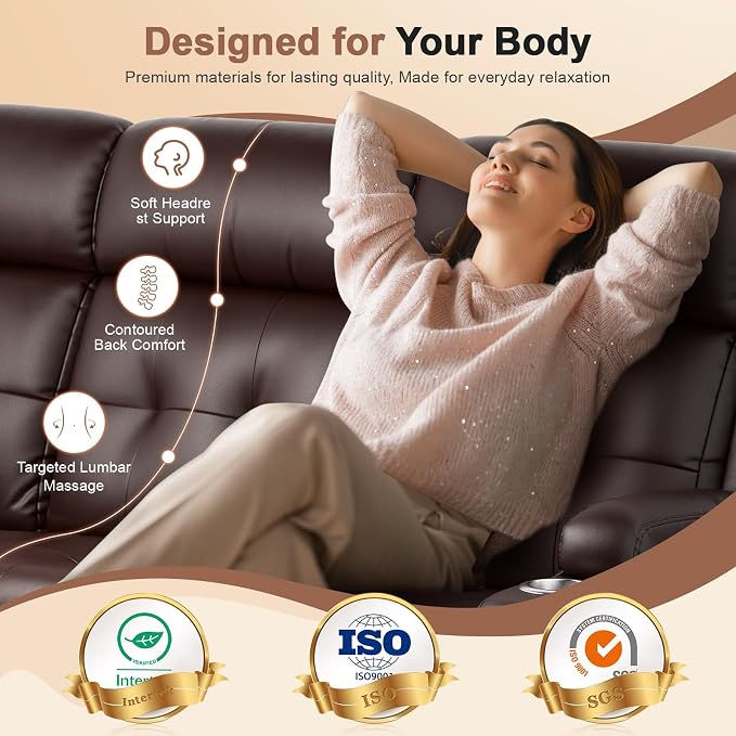 Reclining Couch, 113" PU Leather Sofa Recliner with Massage - 4 Seat Home Theater Seating Comfy Soft, Manual Wall Hugger Reclining with Lumbar Support Sofa Set for Family Living Room, Brown
