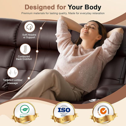 Reclining Couch, 113" PU Leather Sofa Recliner with Massage - 4 Seat Home Theater Seating Comfy Soft, Manual Wall Hugger Reclining with Lumbar Support Sofa Set for Family Living Room, Brown