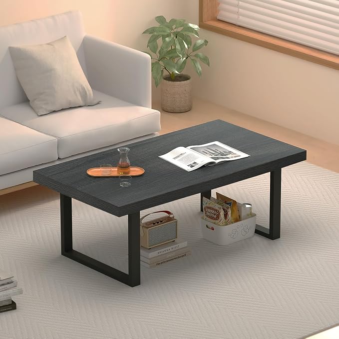 IBF Industrial Grey Coffee Table, Modern Simple Wood and Metal Center Tables, Minimalist Rectangle Wooden Living Room Table, Vintage Rustic Cocktail Tea Table for Home Bedroom, Dark Gray Oak, 39 inch
